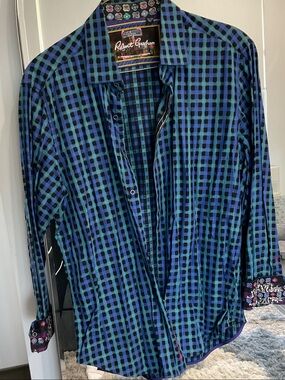 Robert Graham Teal Green & Black Checked Shirt with Multicolor Inner Trim